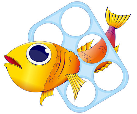 Red and yellow fish trapped inside a plastic ring to hold beer cans on white background. Vector imageのイラスト素材