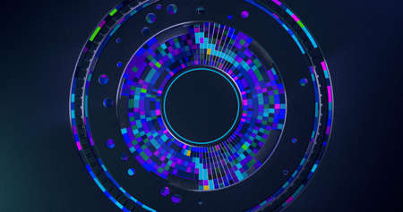 Futuristic dark metallic disk background with blue, red and purple square concentric cells inside changing color. 3D Illustrationの写真素材