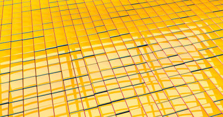 A bit messy reflective yellow checkered textured floor with red and blue edges. 3d illustrationの写真素材