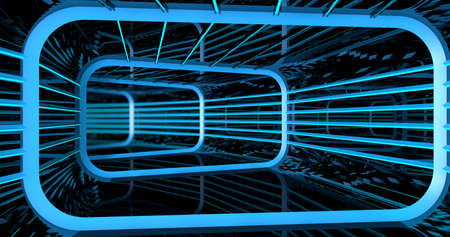 Background of reflective rectangular tunnel with structure and blue lights inside a spaceship. 3d illustrationの写真素材