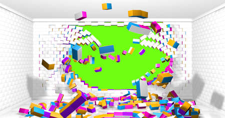 White, yellow, blue and red brick wall exploding inside a room with white walls and bricks scattered on the reflective floor on chroma key background. 3d illustrationの写真素材