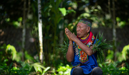 Nueva Loja, Sucumbios / Ecuador - September 2 2020: Elderly indigenous shaman of Cofan nationality...