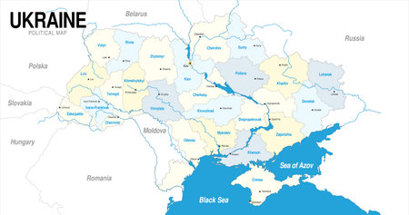 Political map of Ukraine in blue and yellow color on a white background. Vector imageのイラスト素材