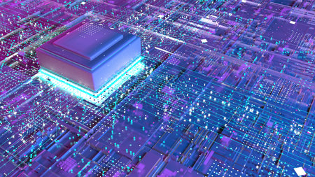 Circuit board with a central computer processors CPU, a working digital motherboard chip with...