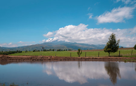 Panoramic view of the Cayambe volcano in the background of a sown field reflecting in a lagoon during a sunny morning and blue sky - Ecuadorの写真素材