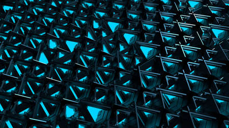 Close-up to wall with blue windows of black futuristic building with complex structure. 3d Illustrationの写真素材