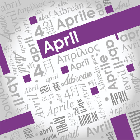 April word cloud written in Spanish, German, Portuguese, Italian, Japanese, Korean in gray with the English word highlighted in color. Vector imageのイラスト素材