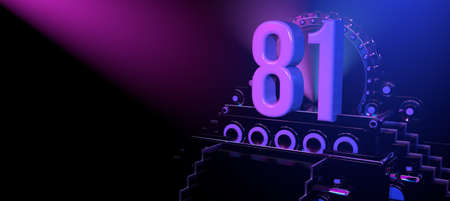 Solid number 81 on a black reflective stage with stairs and adorned with circles, illuminated with...