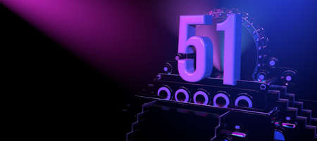 Solid number 51 on a black reflective stage with stairs and adorned with circles, illuminated with blue and red lights against a black background. With copy space. 3D Illustrationの写真素材