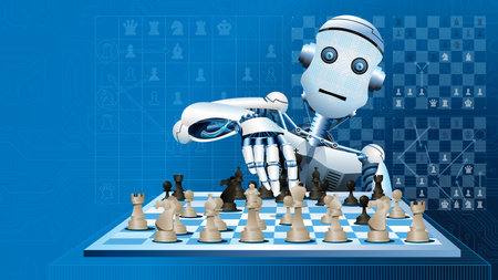 White human-shaped robot playing a game of chess, moving a black piece of the board against a blue background with chess strategies. Artificial intelligence concept. Vector imageのイラスト素材
