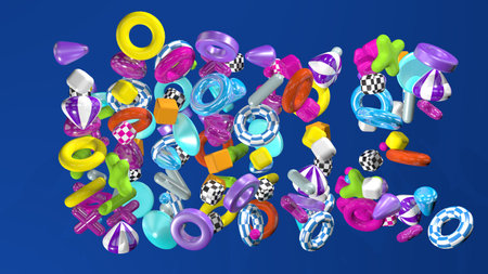 Abstract background formed by a group of geometric shapes, cubes, cylinders, crosses and rings of...