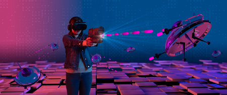 Young latin woman smiling with virtual reality glasses standing with her arms outstretched shooting...