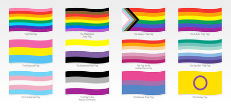 Waving flags LGBT, Pansexual, Non Binary, Lesbian, Gay, Transgender, Asexual, Bisexual, Intersex on white background. Vector imagesのイラスト素材