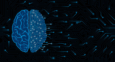 Illustration of blue brain top view half human, half machine brain with circuits on dark circuit board background with random lights with copy space. artificial intelligence conceptのイラスト素材