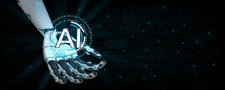 White human shaped robot hand holding the letters AI against a dark background of circuit boards. 3D...