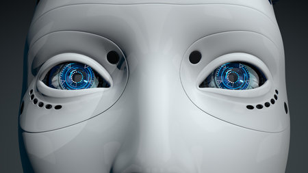 Close up on blue eyes of female humanoid robot with shiny white plastic skin against dark background. 3D illustrationの写真素材