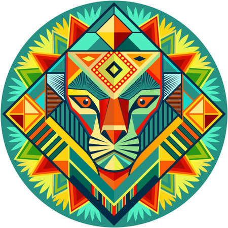 Front view of African mask shaped like a lion head in geometric style with warm colors. Vector imageのイラスト素材