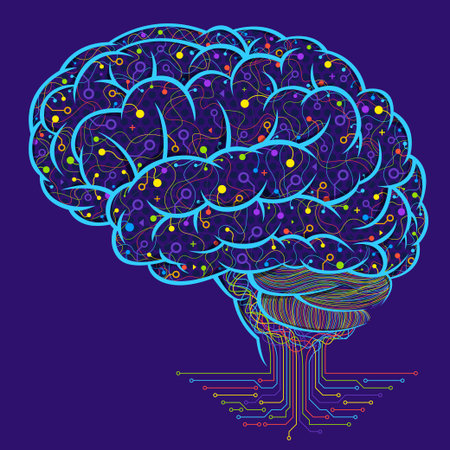 Drawing of a blue brain filled with yellow, red, green and purple lines coming out of the brain forming a circuit board again purple backgroundのイラスト素材