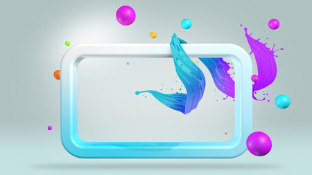 Abstract composition with a rectangular light blue frame with a splash of violet liquid surrounded...