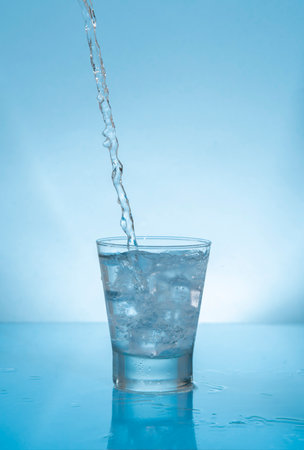 Water stream splashing on glass cup filled with water and ice on wet reflective blue surface against blue backgroundの写真素材