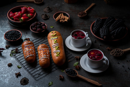 Guaguas de Pan with cups of Colada Morada, traditional Ecuadorian food for the day of the dead,...