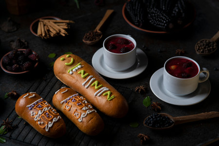 Guaguas de Pan with cups of Colada Morada, traditional Ecuadorian food for the day of the dead,...