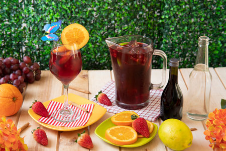 Glass of handmade summer wine next to decanter and bottle of wine, oranges, lemons, strawberries and grapes on rustic wooden table against defocused green leaves backgroundの写真素材