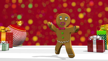 Happy dancing Gingerbread man on white surface with gift boxes against defocused red lights background. funny and sweet cookie boy dancing for holiday. 3D Illustrationの写真素材