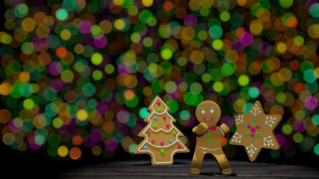Dancing gingerbread man next to gingerbread cookies in tree and star shape on wooden table against defocused green and orange lights background. 3D Illustrationの写真素材