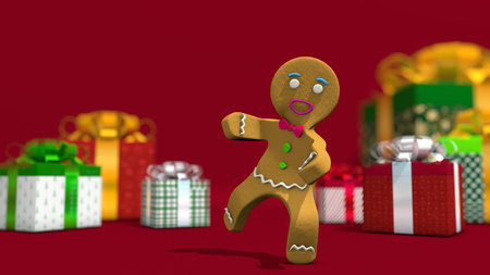 Happy dancing Gingerbread man on red surface against defocused gift boxes background. funny and sweet cookie boy dancing for holiday. 3D Illustrationの写真素材