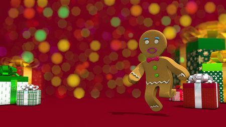 Happy dancing Gingerbread man on red surface with gift boxes against defocused lights background....