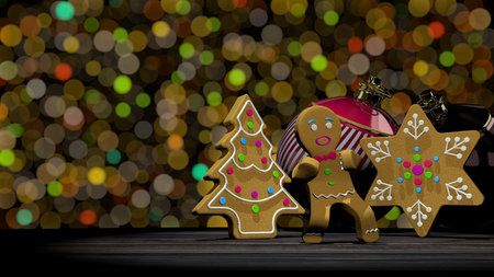 Dancing gingerbread man next to gingerbread cookies in tree and star shape on wooden table against defocused lights background. 3D Illustrationの写真素材