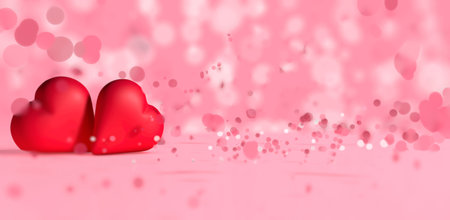 Two red hearts against pink blurred background for Valentine's Day. 3D Illustration