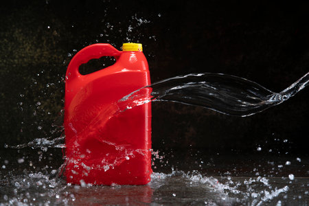 Front view of red plastic motor oil bottle splashed by stream of water, container with handle and...