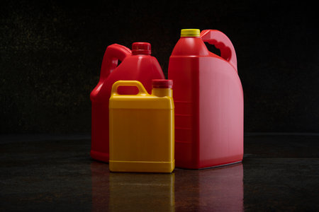 Front view of three different yellow and red plastic motor oil bottles, container with handle and...