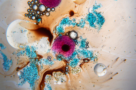 Abstract composition with water drops, oil and blue and orange ink against a white backgroundの写真素材