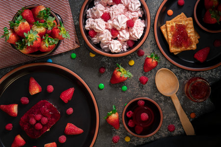 Top view of desserts, sweets, jelly, and strawberry jam on a black ceramic table decorated with strawberriesの写真素材