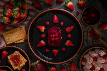 Top view of strawberry and raspberry dessert on a round black ceramic plate surrounded by a pot of strawberries, strawberry jelly, and cookies with strawberry jam on a black tableの写真素材
