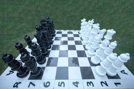 Large outdoor chess set on grass background. Intellectual game on park. Recreation zone for rest, playing for children, for people.の写真素材