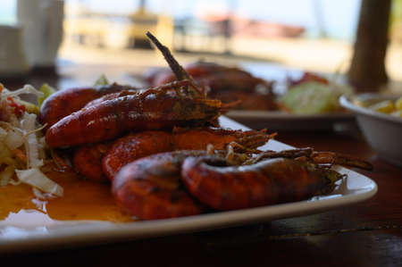The photo shows two giant shrimp dishes with sauce. Also on a white glossy plate is a cabbage salad and a tomato. Dishes with hot food are arranged in a diamond shape. Top view.の写真素材