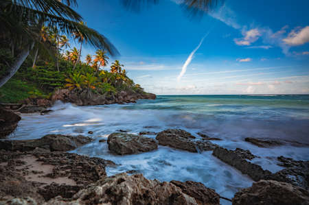 Panorama view on exotic rocky beach of caribbean sea. Ocean has waves. Tropical shore with green...