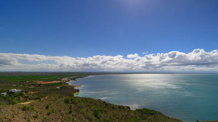 Amazing natural mount appearance in carribbean coast. Perfect cordillera scene inside of Hispanola island. Idelyc hill vision in wide angle. Monte Cristi town close to Haiti border. Morro Bayの写真素材