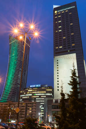 Warsaw, Poland - December 23, 2015: Warsaw towers at night in Warsaw, Polandのeditorial素材