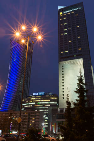 Warsaw, Poland - December 23, 2015: Warsaw towers at night in Warsaw, Polandのeditorial素材