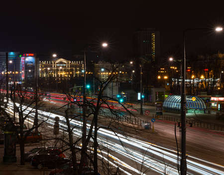Warsaw, Poland - December 22, 2015: Marshalkovska street in Warsaw. Night trafficのeditorial素材