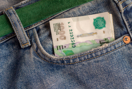 In a pocket of blue jeans there is a paper thousandth bill. Money, budget, income, expenses, finance...