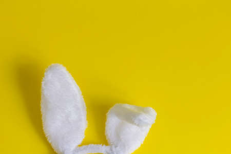 Plush rabbit ears on a yellow background. Easter concept with a place to copy