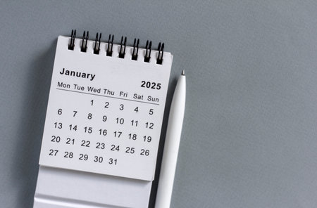 Hello 2025. January 2025 planning calendar on gray backgroundの写真素材