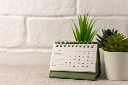 Hello, January. January 2025 planning calendar on your desktopの写真素材