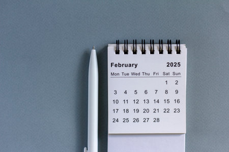 Desk calendar for February 2025 on a gray background with space for copyingの写真素材